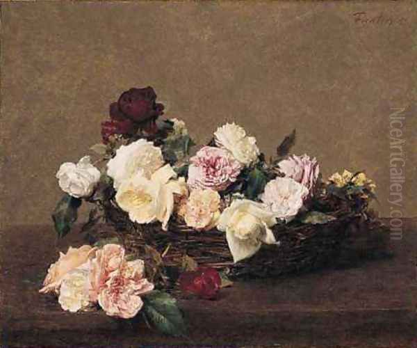 A Basket of Roses Oil Painting by Ignace Henri Jean Fantin-Latour