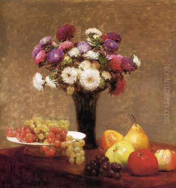 Asters and Fruit on a Table Oil Painting by Ignace Henri Jean Fantin-Latour