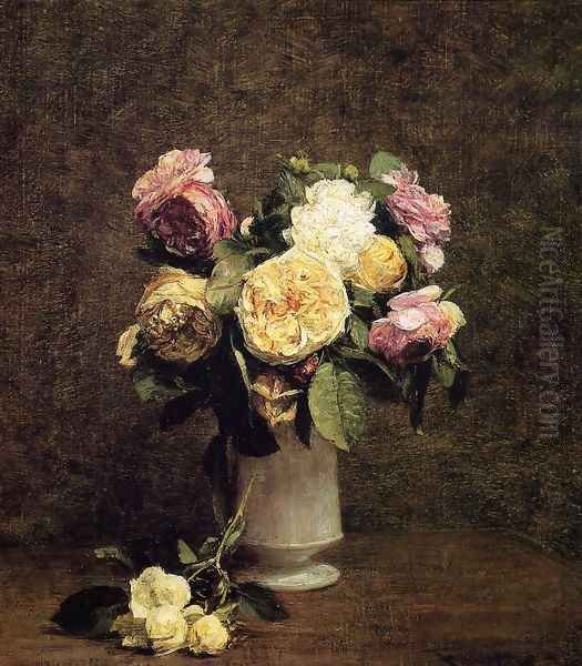 Roses in a White Porcelin Vase Oil Painting by Ignace Henri Jean Fantin-Latour