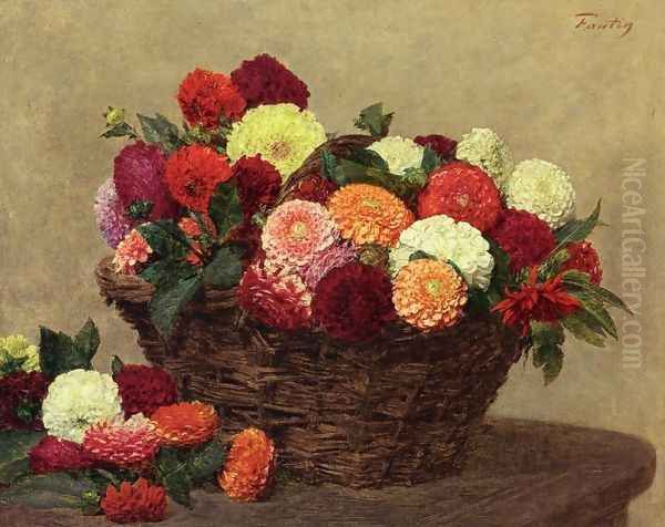 Basket of Dahlias Oil Painting by Ignace Henri Jean Fantin-Latour