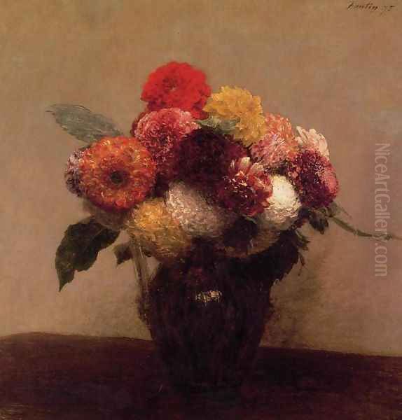 Dahlias, Queens Daisies, Roses and Corn Flowers I Oil Painting by Ignace Henri Jean Fantin-Latour