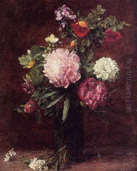 Flowers, Large Bouquet with Three Peonies Oil Painting by Ignace Henri Jean Fantin-Latour