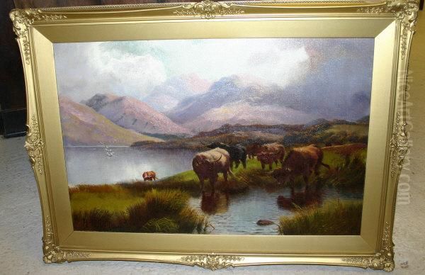 Highland Cattle Watering Oil Painting by Henry R. Hall