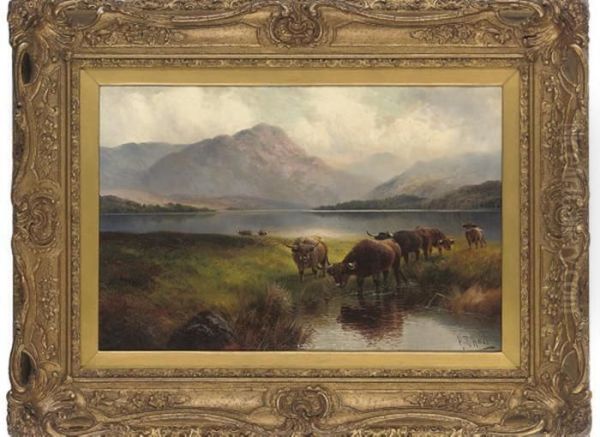 Highland Cattle, Loch Venachar, Perthshire Oil Painting by Henry R. Hall