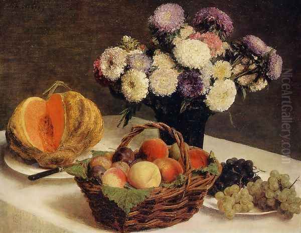 Flowers and Fruit, a Melon Oil Painting by Ignace Henri Jean Fantin-Latour