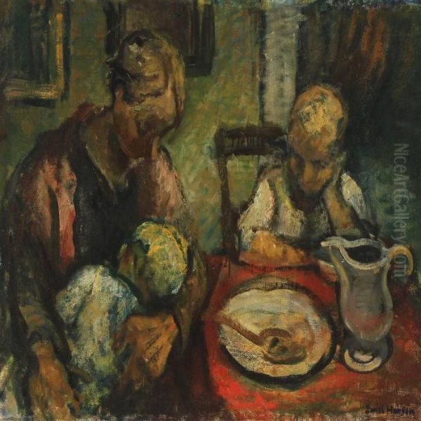 Two Children And Woman Sitting At A Table Oil Painting by Emiel Hansen