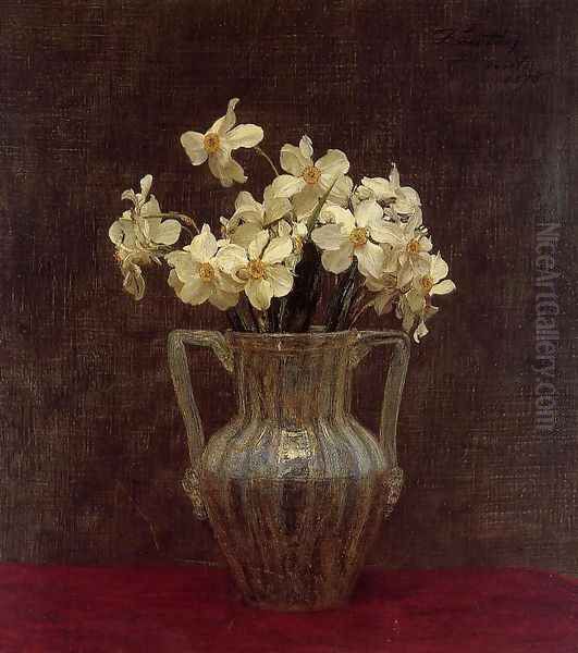 Narcisses in an Opaline Glass Vase Oil Painting by Ignace Henri Jean Fantin-Latour