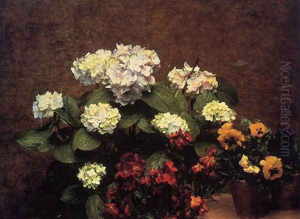 Hydrangias, Cloves and Two Pots of Pansies Oil Painting by Ignace Henri Jean Fantin-Latour