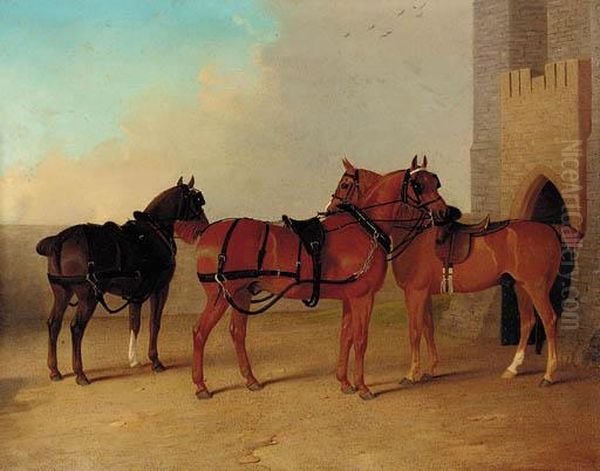 Saddled Horses In A Castle Yard Oil Painting by R. Harrington