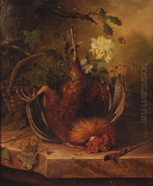 A Rooster, Grape Vines, Various 
Flowers And A Wicker Basket With Blue Grapes, A Hunting Knife And White 
Grapes On A Ledge Oil Painting by Jan Hendrik Verheijen