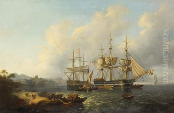 Seaport Schooners With The American And Austrian Flags Oil Painting by Otto Heinrich