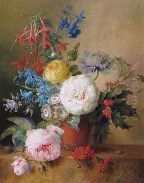 Still Life Of Roses, Fuchsia And Holly In A Vase Oil Painting by Willem Hekking