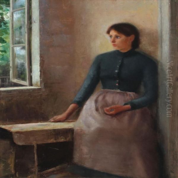 Interior With Young Woman By Window Oil Painting by Marie Henriques