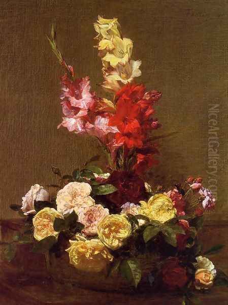 Gladiolas and Roses Oil Painting by Ignace Henri Jean Fantin-Latour