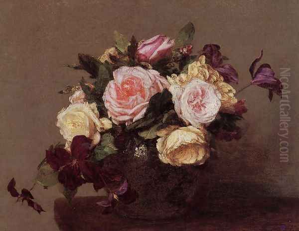 Roses and Clematis Oil Painting by Ignace Henri Jean Fantin-Latour