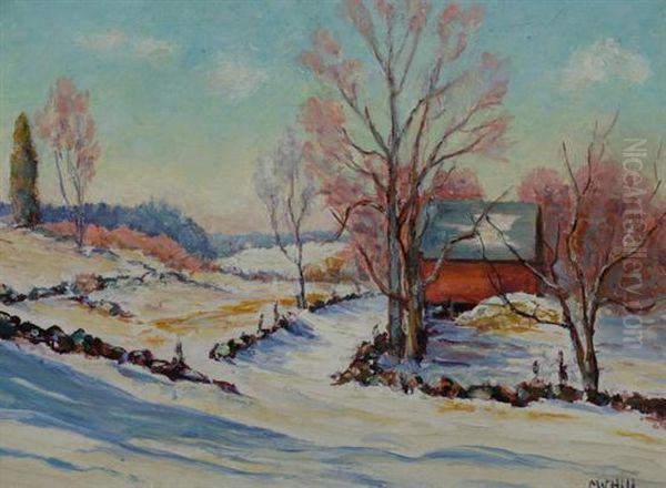 Red Barn In Snowy Massachusetts Landscape Oil Painting by Charles Hill