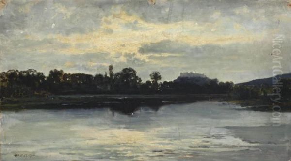 On The Banks Of The Danube With A Fortress Oil Painting by Franz Hinterholzer