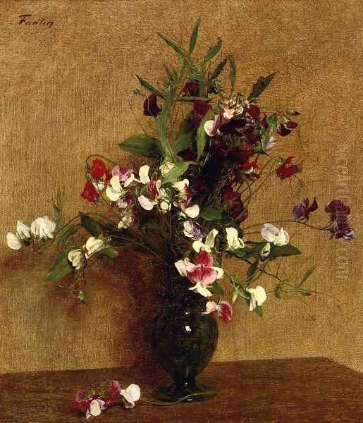 Sweet Peas in a Vase Oil Painting by Ignace Henri Jean Fantin-Latour