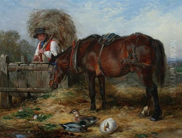 In The Strawyard Oil Painting by William H. Hopkins