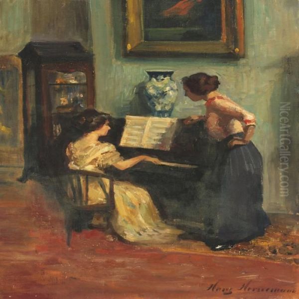 Interior With Two Ladies At A Piano Oil Painting by Hans Adolf Horner