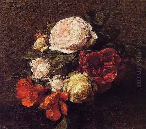 Roses and Nasturtiums (duplicate image) Oil Painting by Ignace Henri Jean Fantin-Latour