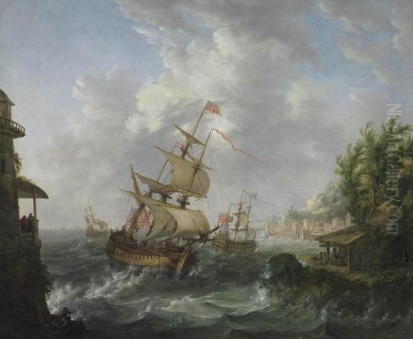 Seascape With American, British And Dutch Frigates Oil Painting by Johann Kaspar Huber