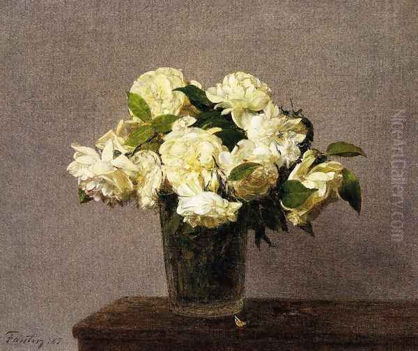 White Roses in a Vase Oil Painting by Ignace Henri Jean Fantin-Latour