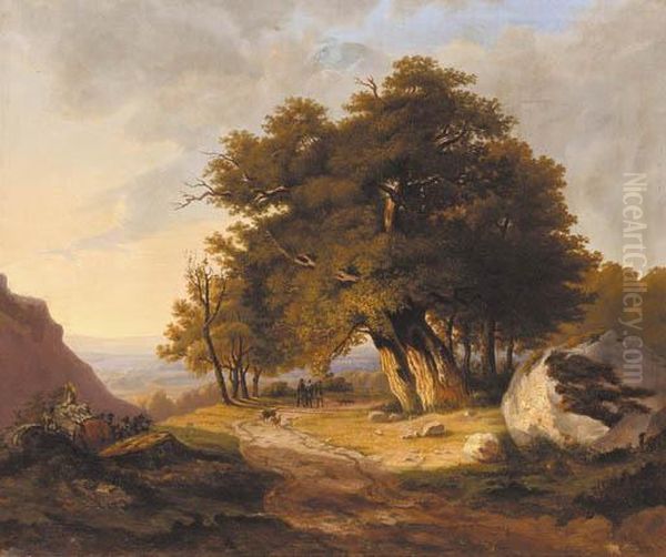 Hunstmen And Hounds On A Country Track, Mountains Beyond Oil Painting by Joseph Hulser