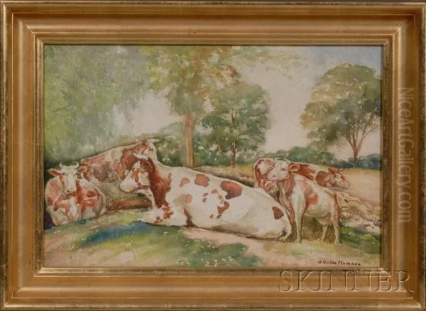 Cows At Pasture Oil Painting by O. Victor Humann