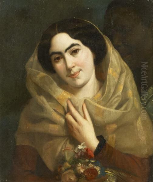 Portrait Of A Young Lady With A Scarf Oil Painting by Arsene Charles Hurtrel