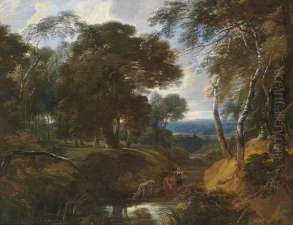 A Wooded Landscape Oil Painting by Philips Augustyn Immenraet