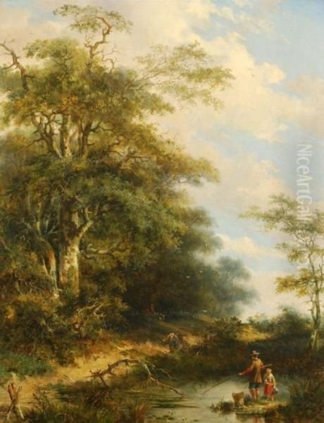 Figures Fishing In A Stream Oil Painting by Christiaan Immerzeel