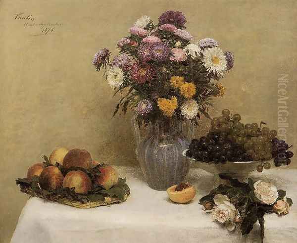 White Roses, Chrysanthemums in a Vase, Peaches and Grapes on a Table with a White Tablecloth Oil Painting by Ignace Henri Jean Fantin-Latour