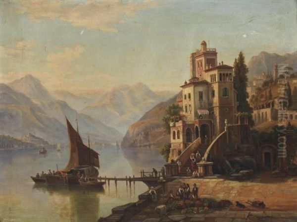 Loading Barges At A Villa, Lake Como Oil Painting by Henri Jackel