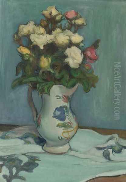 Roses Against a Blue Background Oil Painting by Wladyslaw Slewinski