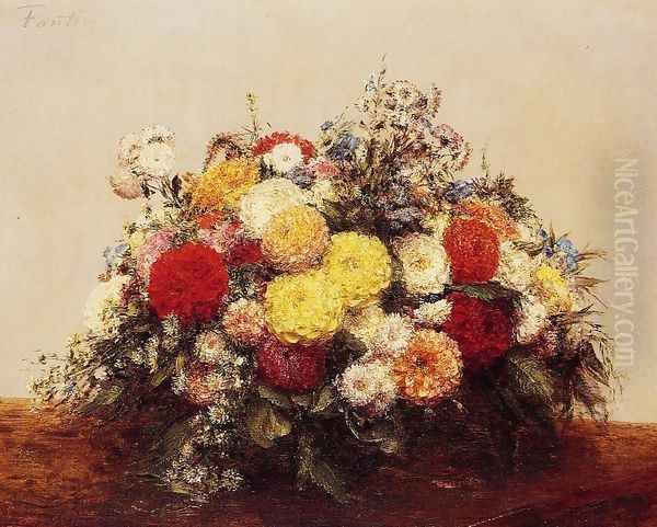 Large Vase of Dahlias and Assorted Flowers Oil Painting by Ignace Henri Jean Fantin-Latour