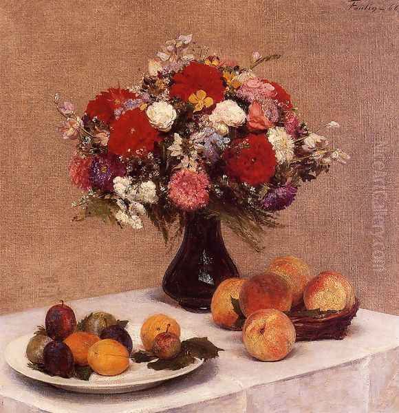 Flowers and Fruit Oil Painting by Ignace Henri Jean Fantin-Latour