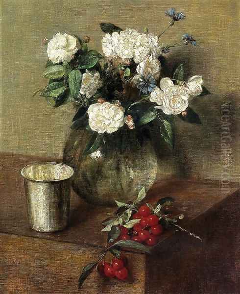 White Roses and Cherries Oil Painting by Ignace Henri Jean Fantin-Latour