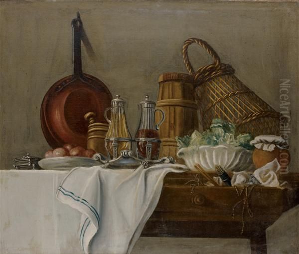 Les Apprets Du Dejeuner Avec Huilier Et Vinaigrier, Salade Verte Oil Painting by Edme Jeaurat