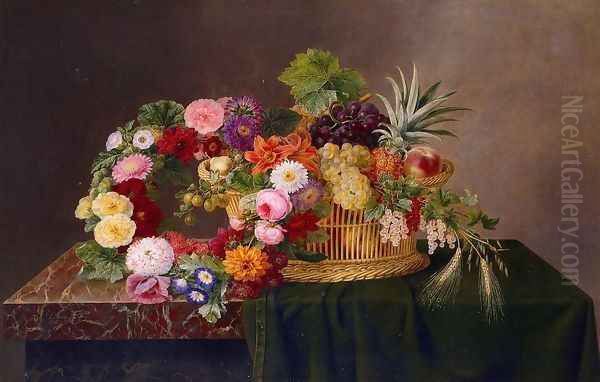 Still Life with a Basket of Fruit and a Wreath of Asters, Dahlias, Day Lillies and Morning Glories Oil Painting by Johan Laurentz Jensen