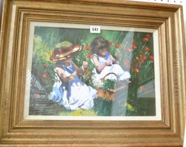 Two Girls Picking Poppies Oil Painting by Sharyn Jennings