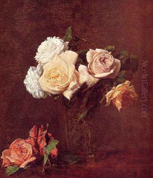 Roses in a Vase Oil Painting by Ignace Henri Jean Fantin-Latour