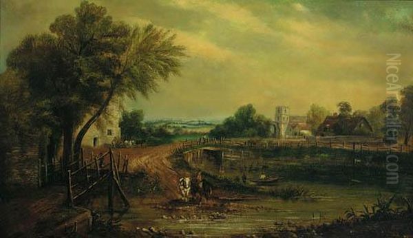 Fording A River By A Bridge, A Village Beyond Oil Painting by W. H. Jones