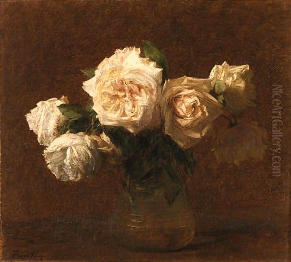 Yellow Pink Roses in a Glass Vase Oil Painting by Ignace Henri Jean Fantin-Latour