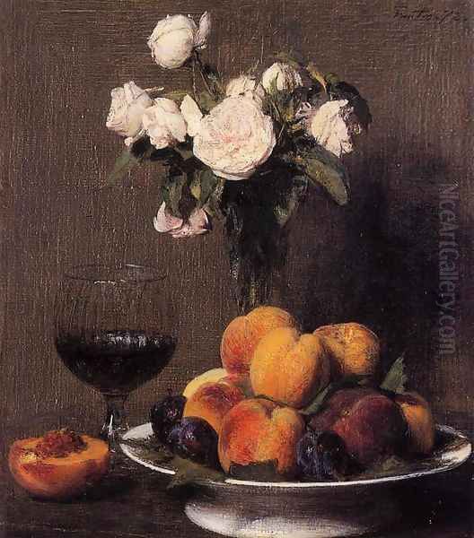 Still Life with Roses, Fruit and a Glass of Wine Oil Painting by Ignace Henri Jean Fantin-Latour