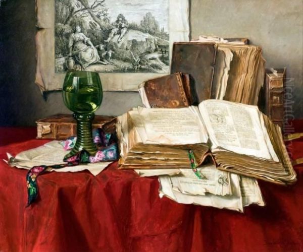 Stilleven Met Boeken En Roemer Oil Painting by Josef Jurutka