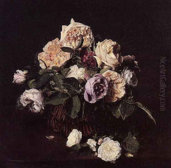 Roses in a Basket on a Table Oil Painting by Ignace Henri Jean Fantin-Latour