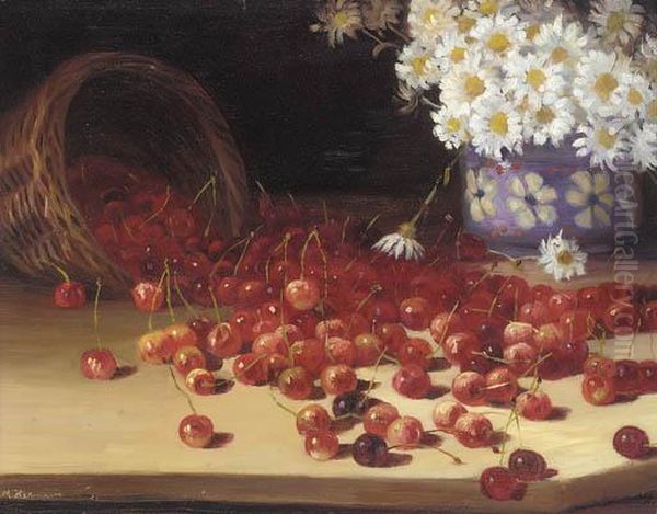 A Vase Of Daisies And An Over-turned Basket Of Cherries On A Table by Marie Keller-Hermann