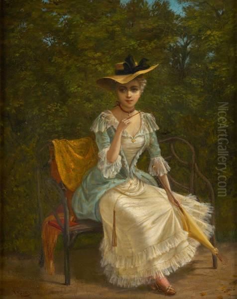 Elegante Sur Un Banc Oil Painting by Jacques Samu Kende