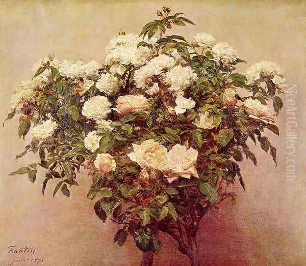 Rose Trees - White Roses Oil Painting by Ignace Henri Jean Fantin-Latour